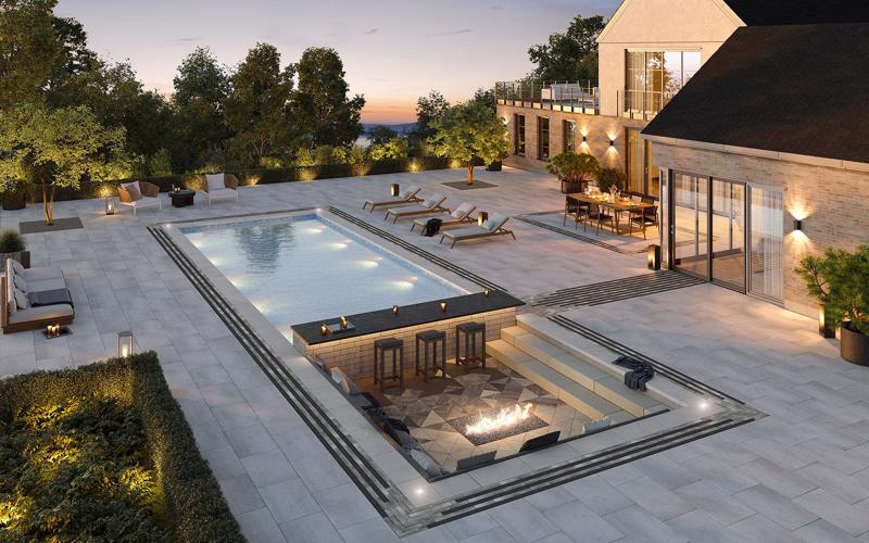 Techo-Bloc Industria Triangle Smooth pavers near a pool