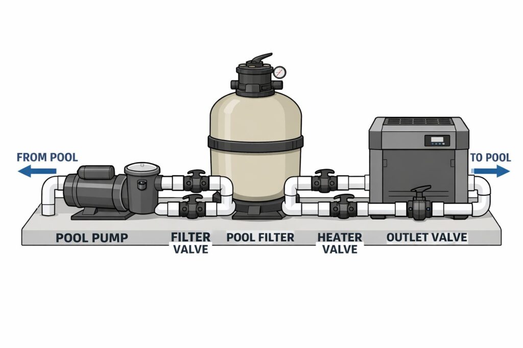 Diagram of typical swimming pool equipment pad layout