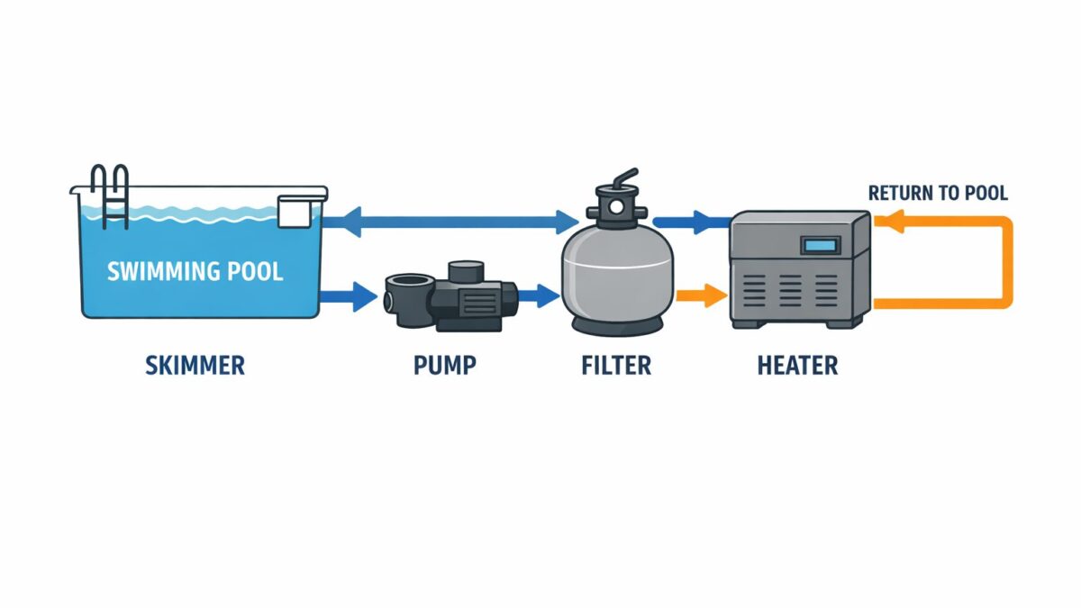 Diagram showing how pool water circulates through pump filter and heater