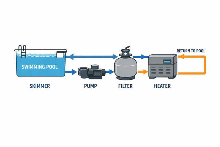 Diagram showing how pool water circulates through pump filter and heater