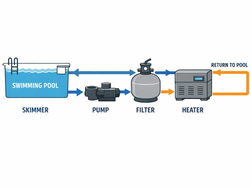 Diagram showing how pool water circulates through pump filter and heater