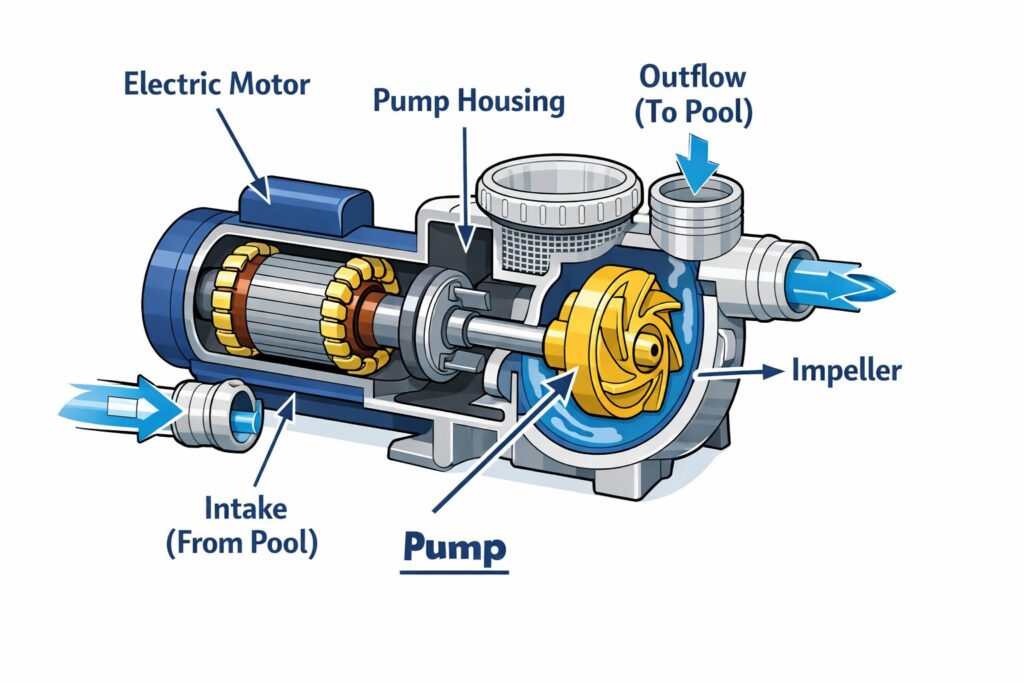 Diagram explaining how a swimming pool pump works