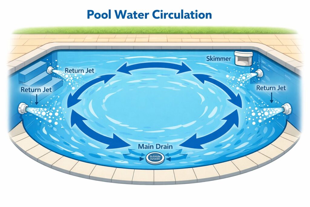 Diagram showing pool return jets and water circulation pattern
