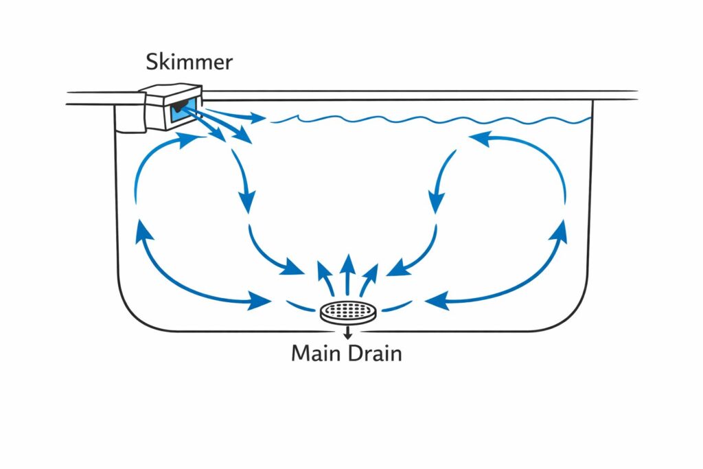 Diagram showing pool skimmer and main drain water intake