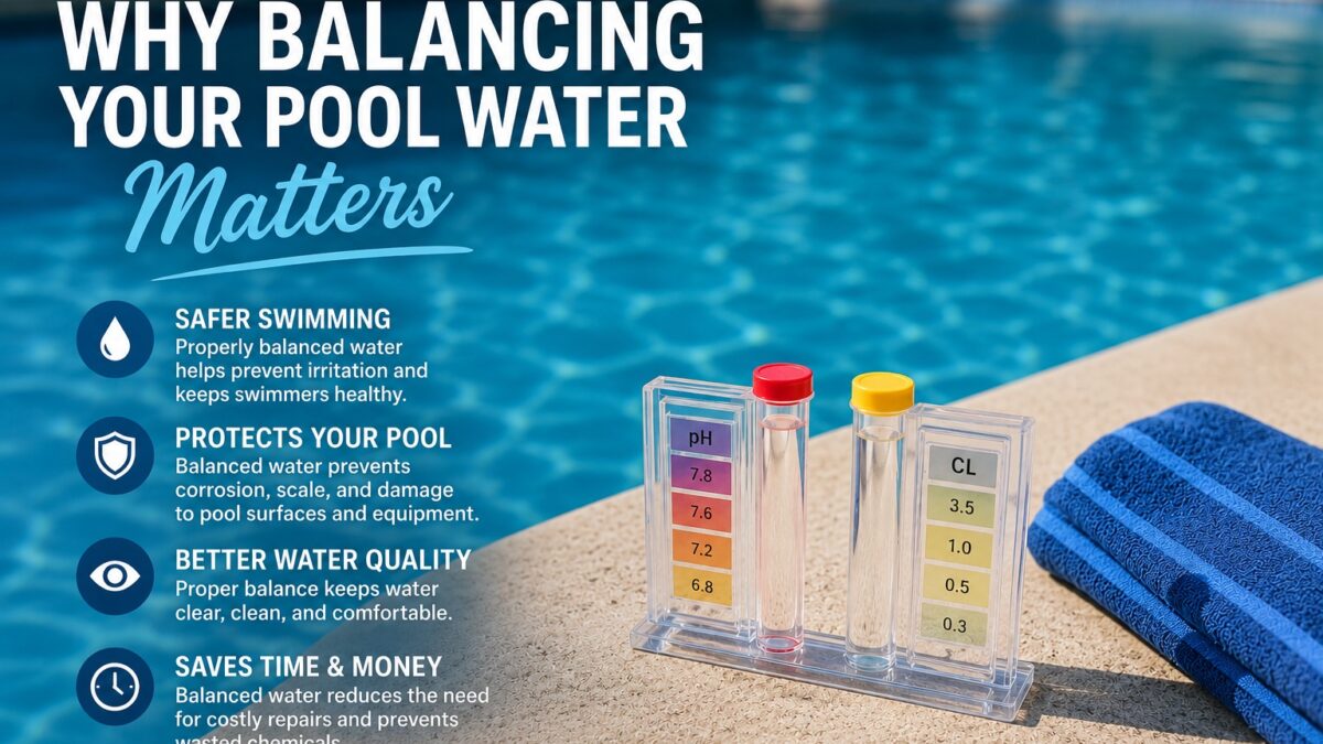 Pool water testing kit showing pH and chlorine levels for balanced pool water