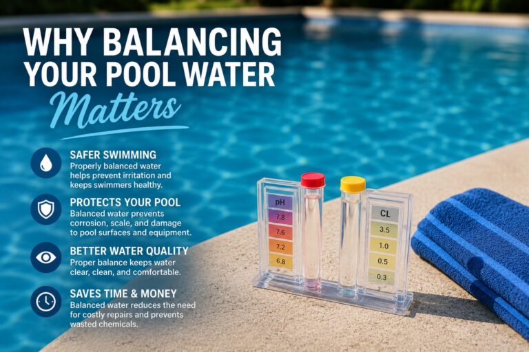 Pool water testing kit showing pH and chlorine levels for balanced pool water