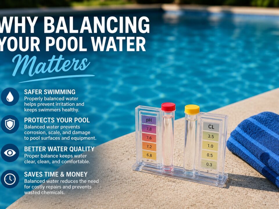 Pool water testing kit showing pH and chlorine levels for balanced pool water